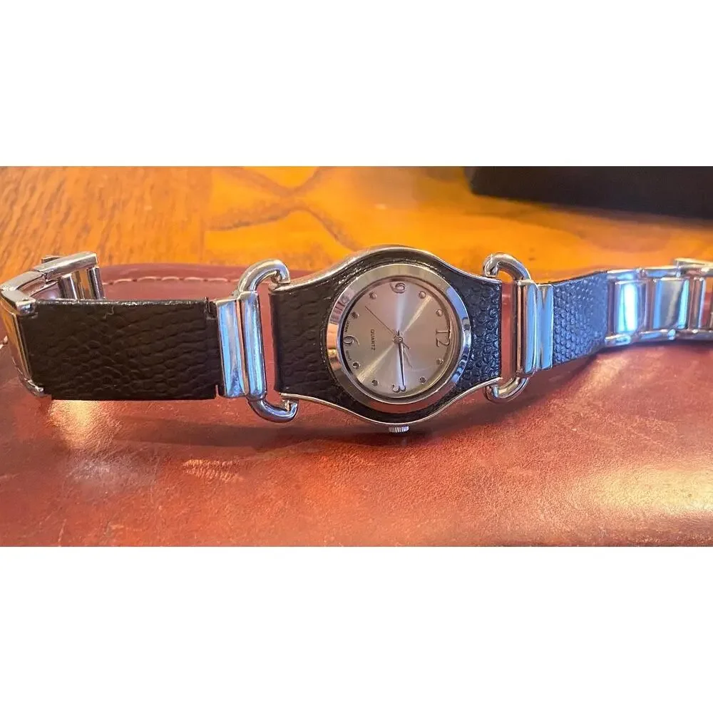 Women's 30mm Silver Tone Watch with Black Accents